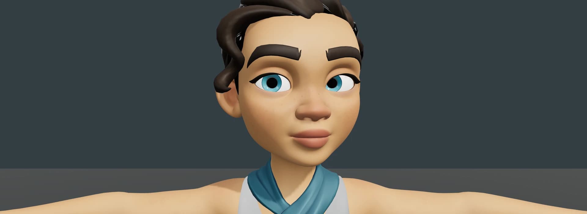 Rain, a stylized character with blue eyes, turning her head in the desktop browser acting study