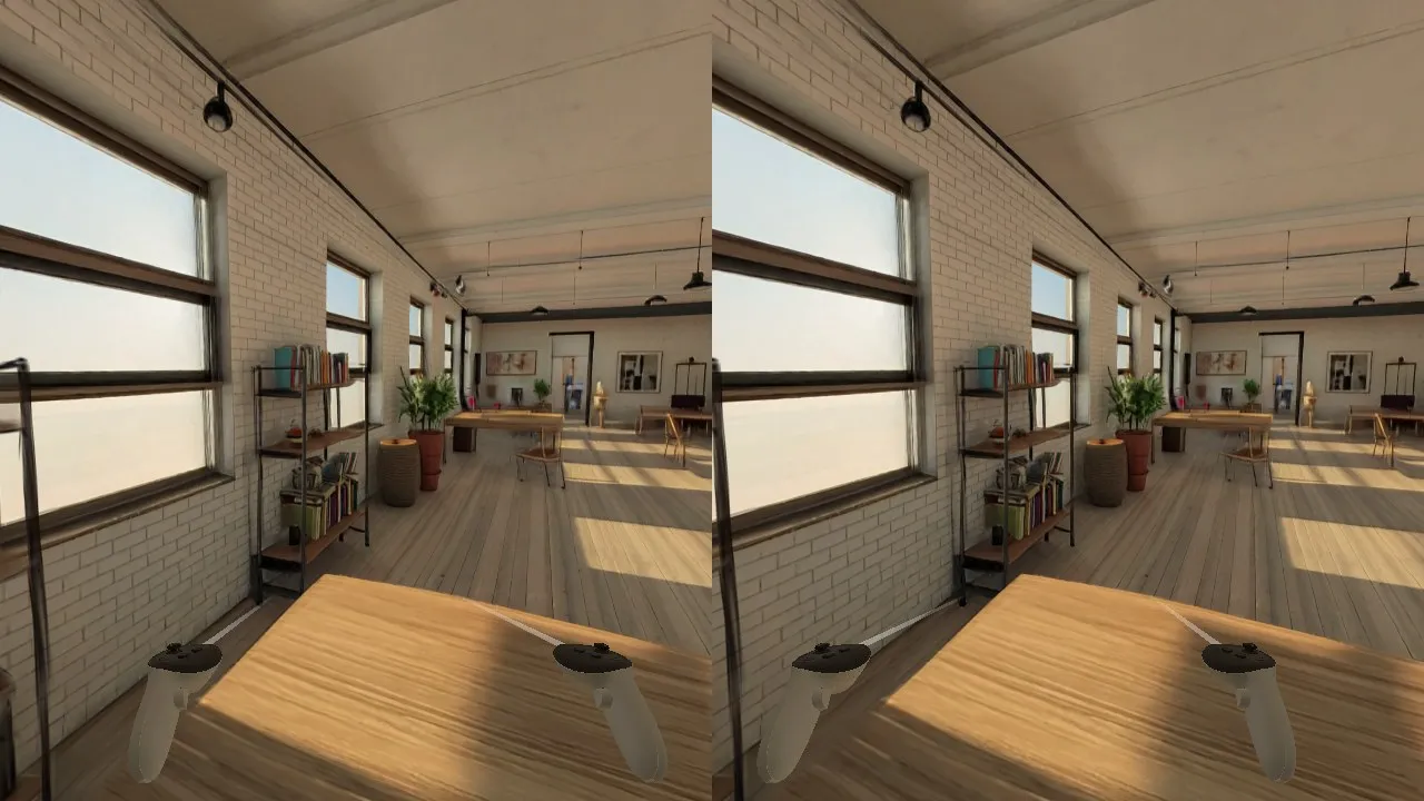 A generated loft seen through an emulated headset, left and right eye side by side
