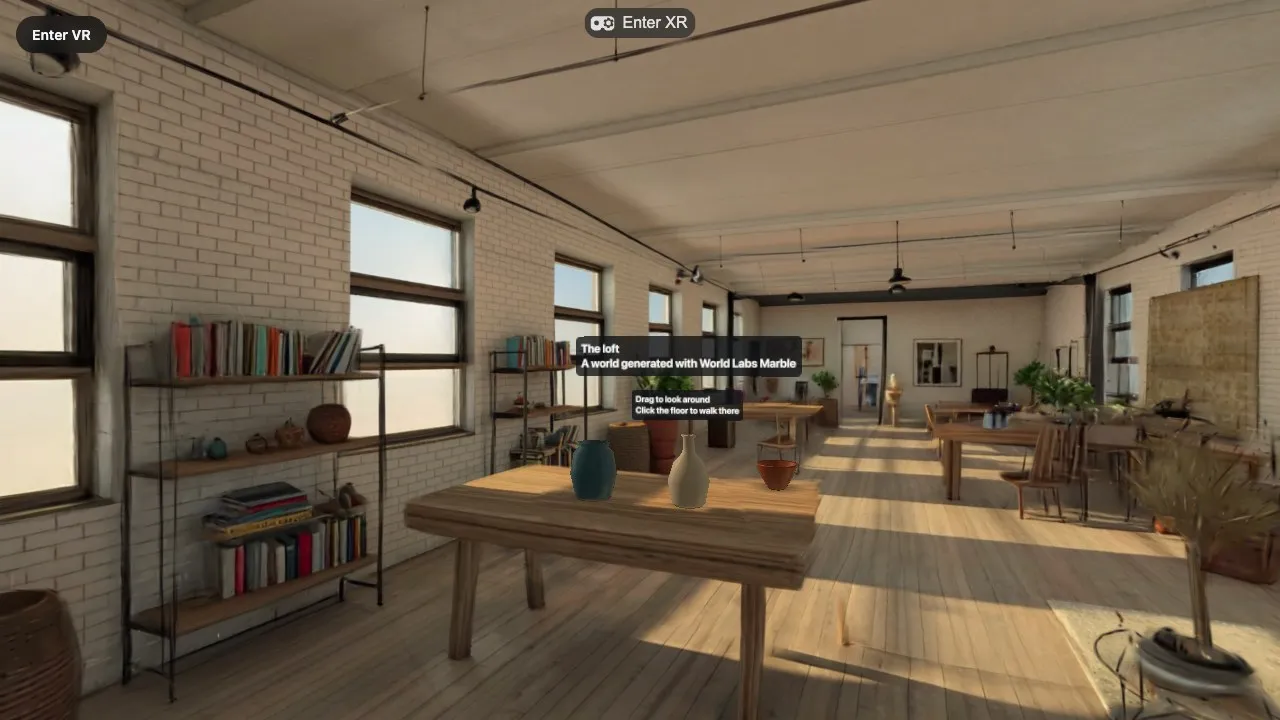 A generated loft with brick walls and tall windows, with three ceramic pieces on a wooden table