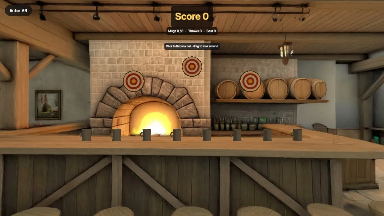 A tavern bar with eight tankards on it, a fireplace, three round targets and a score panel reading Score 0