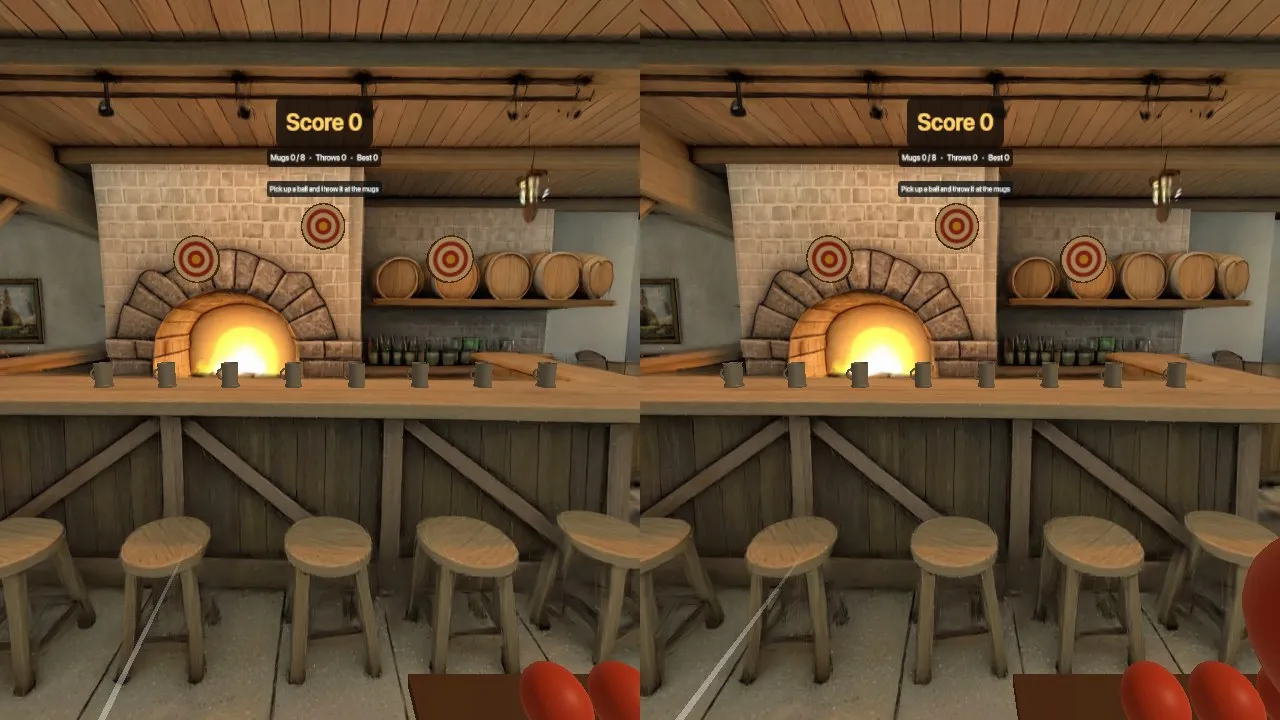 A generated tavern seen through an emulated headset, with mugs on the bar, three targets and red balls in the foreground