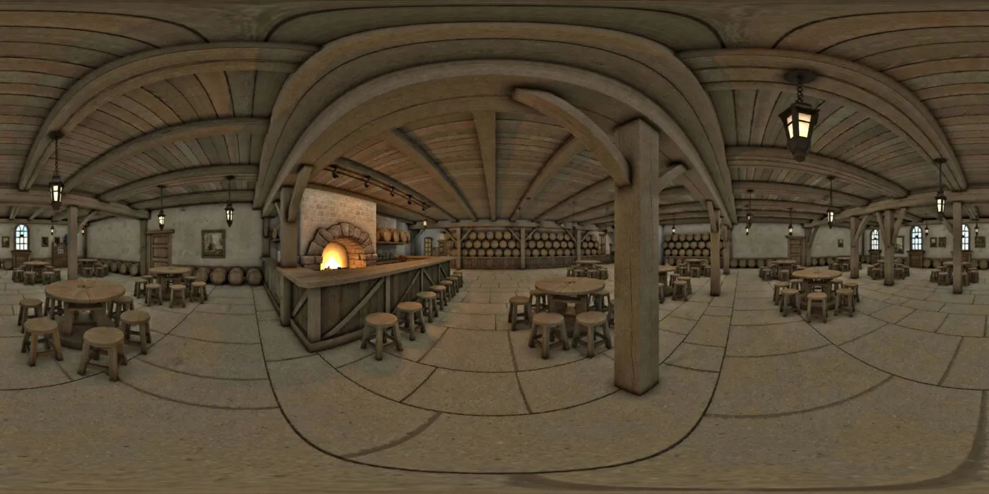 An equirectangular panorama of a tavern with a bar, a fireplace, round tables, stools and barrels