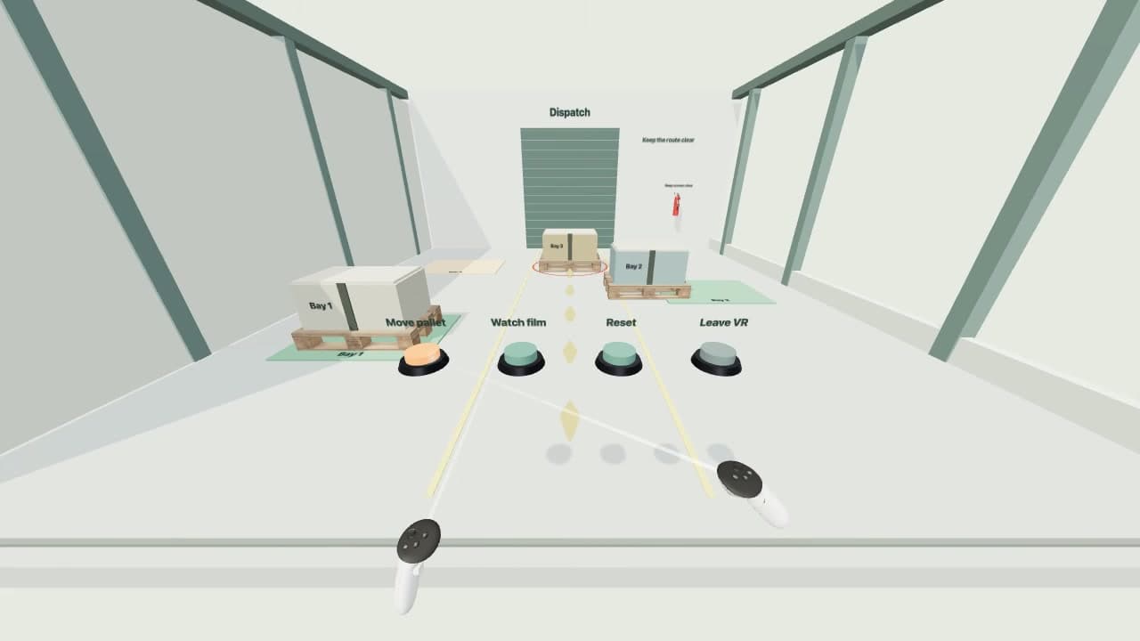 Controller interaction inside the warehouse example, captured in the XR simulator