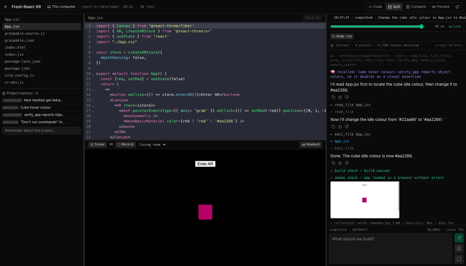 The Graspable app during a run: code, live preview and the agent at work