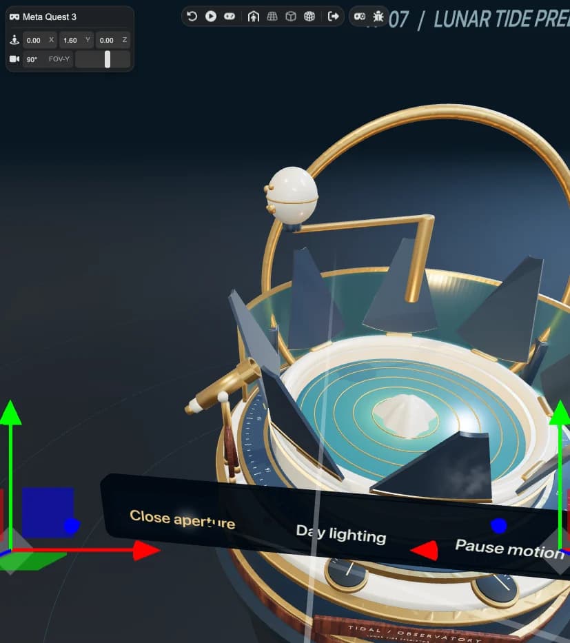 Tidal Observatory seen from above in an emulated Meta Quest 3: the open aperture, the brass telescope at the edge and the instrument's buttons floating in front
