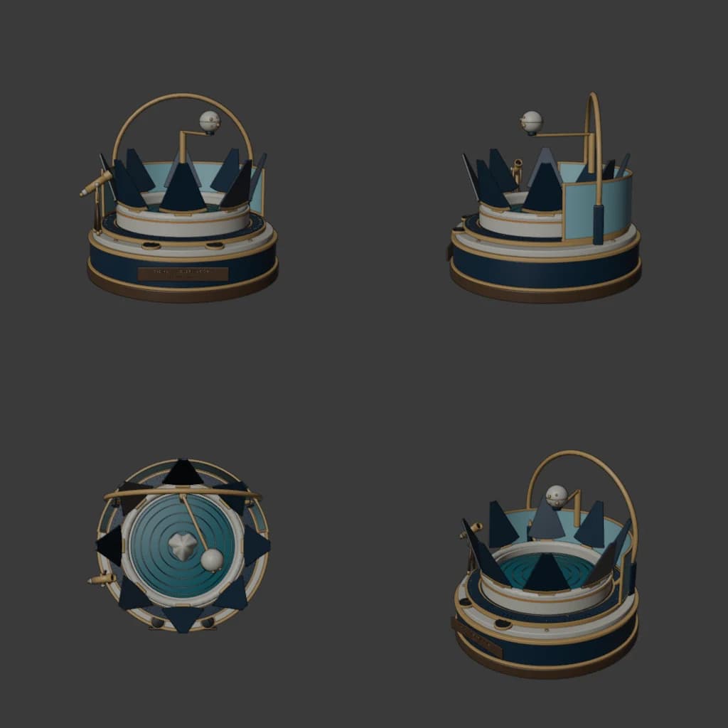 Four views of Tidal Observatory rendered by Blender: front, right, top and three-quarter, with brass, ivory and blue materials