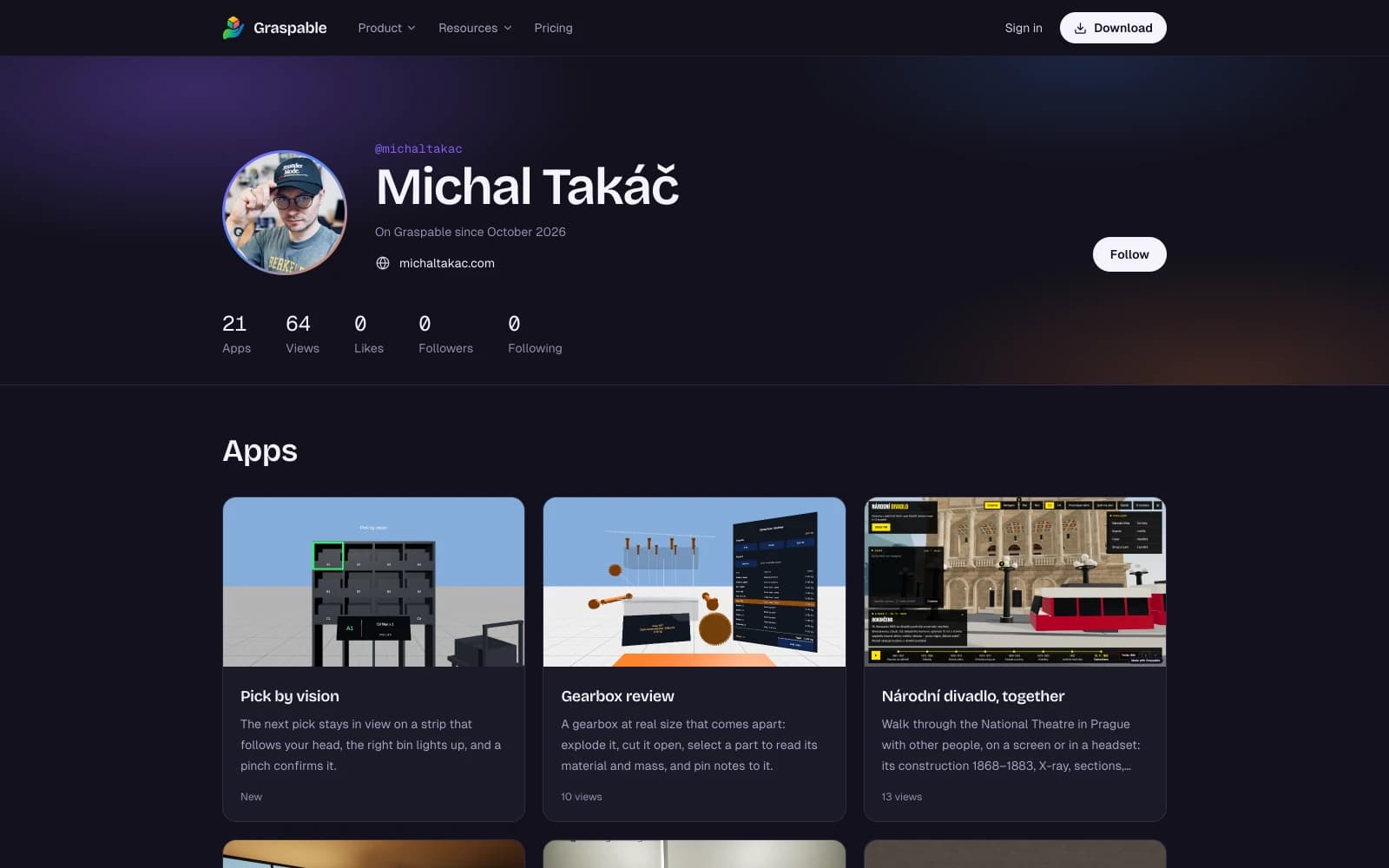 A public profile on graspable.dev with its Follow button, counts and apps