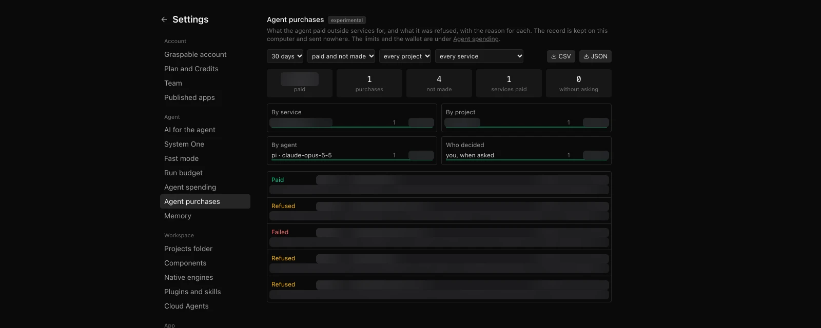 Settings, Agent purchases: one purchase paid and four not made
