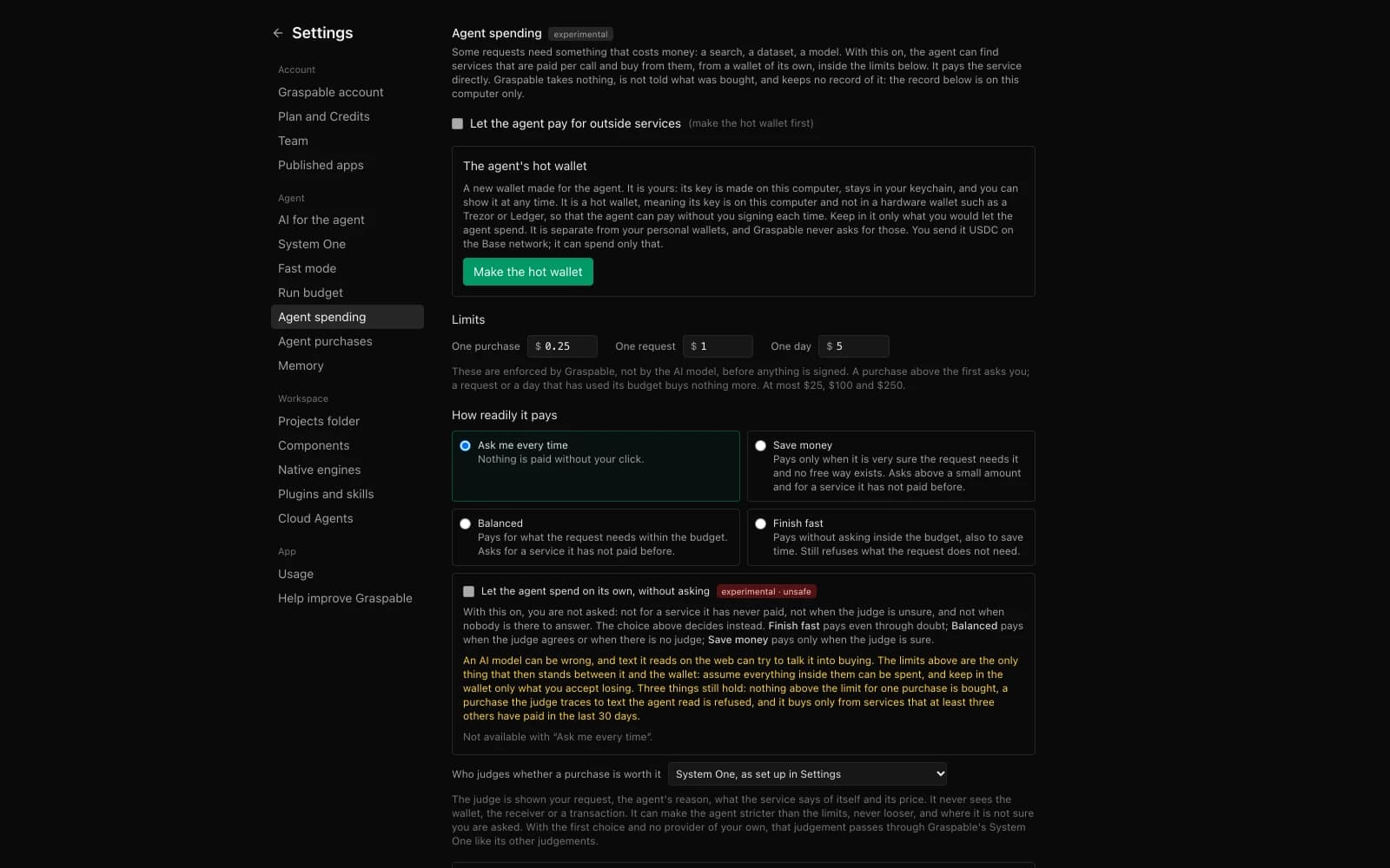 Settings, Agent spending: the hot wallet, three limits, and how readily the agent pays
