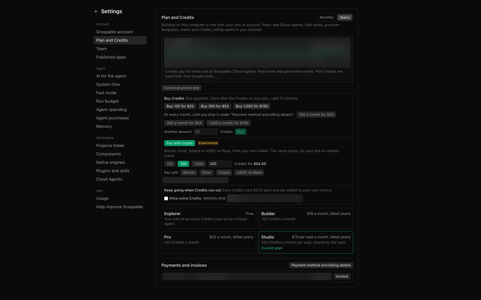 Pay with crypto opened under Buy Credits, with an amount chosen and four coins offered