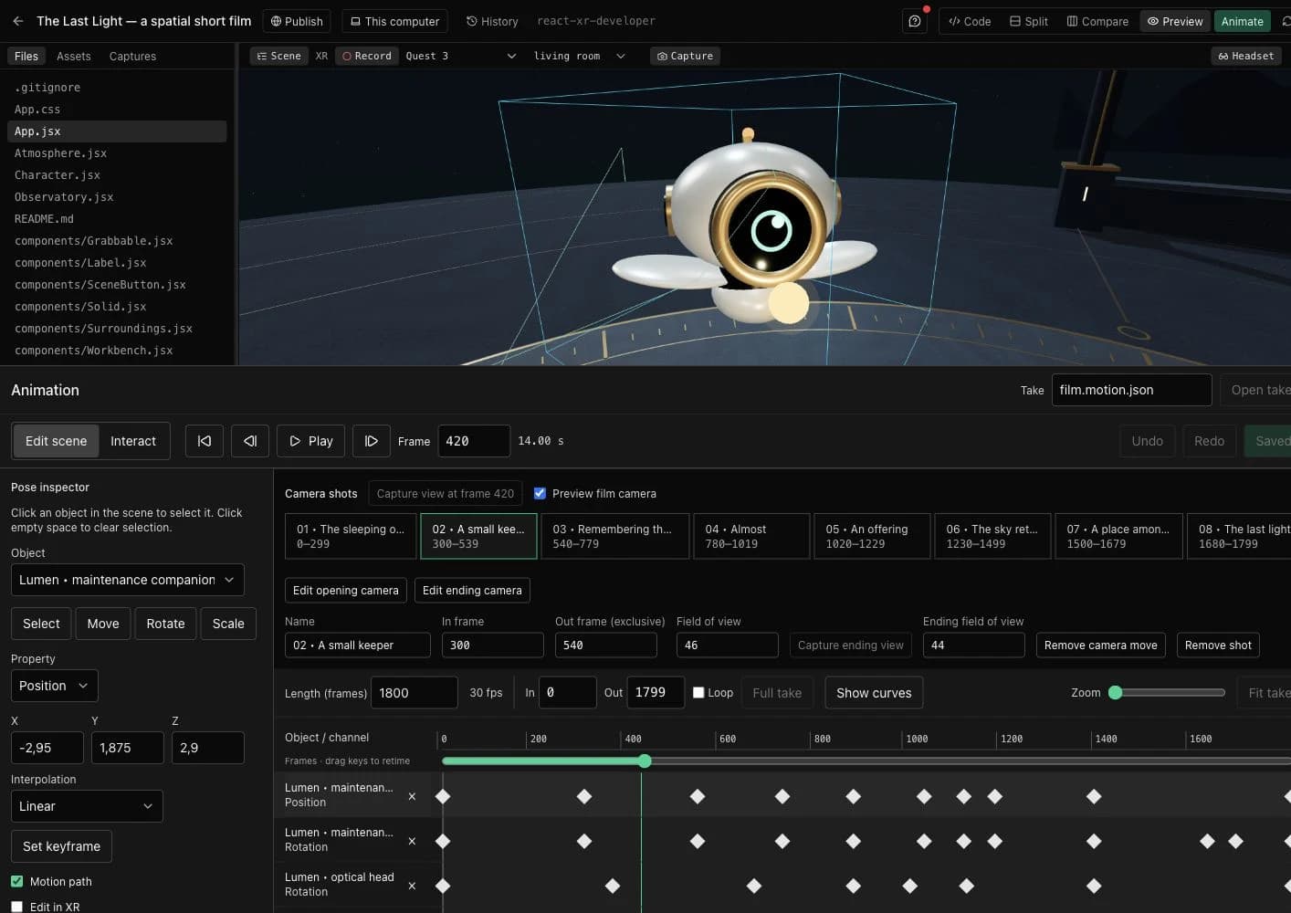The Last Light open in Graspable, with a camera preview and editable animation tracks
