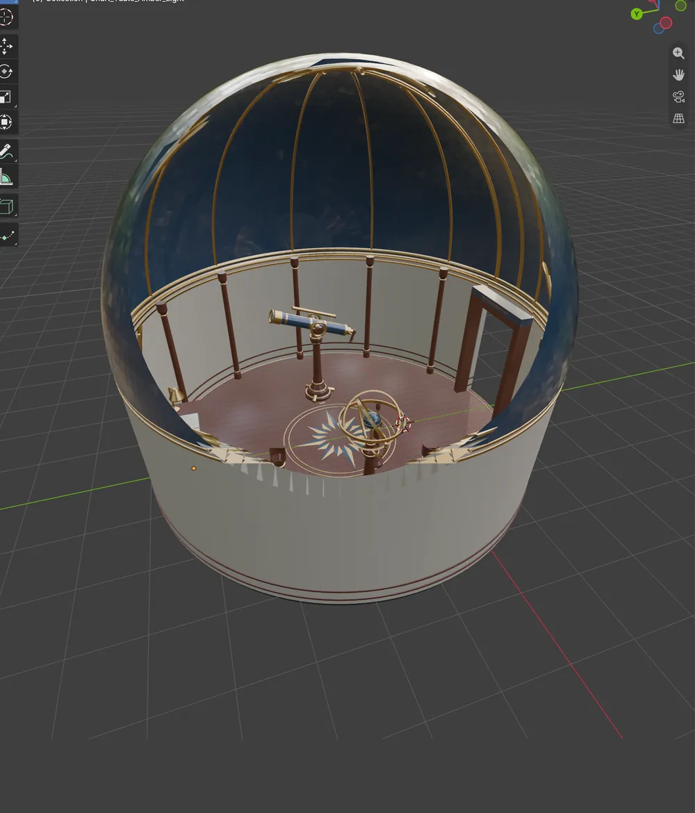 Blender 5.2.3 showing the observatory room cut open: a ribbed dome, plastered walls with dark wood columns, a brass compass rose in the floor, the telescope, the armillary sphere and a doorway