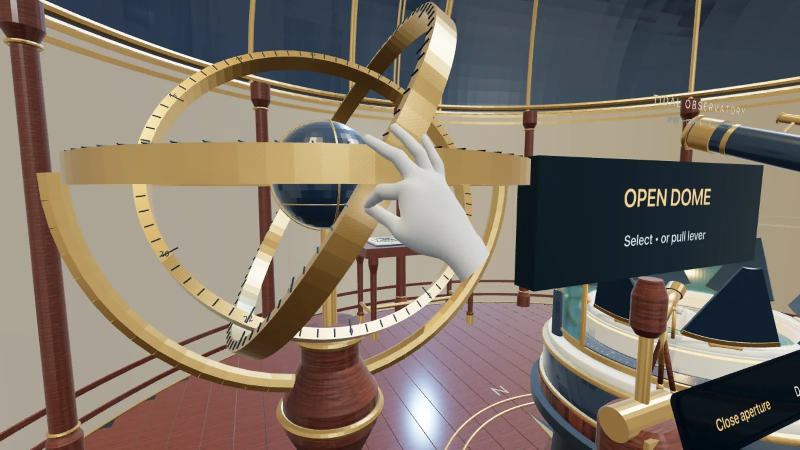 Inside the walk-in observatory in an emulated headset: a hand pinches a brass ring of the armillary sphere, with the dome, the telescope and the Open dome sign behind it
