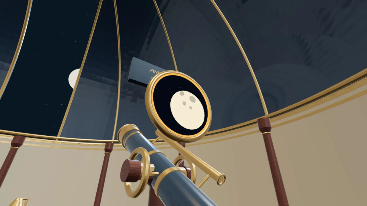 The brass telescope aimed through the open dome, with its round eyepiece view above the mount showing the moon inside an amber ring