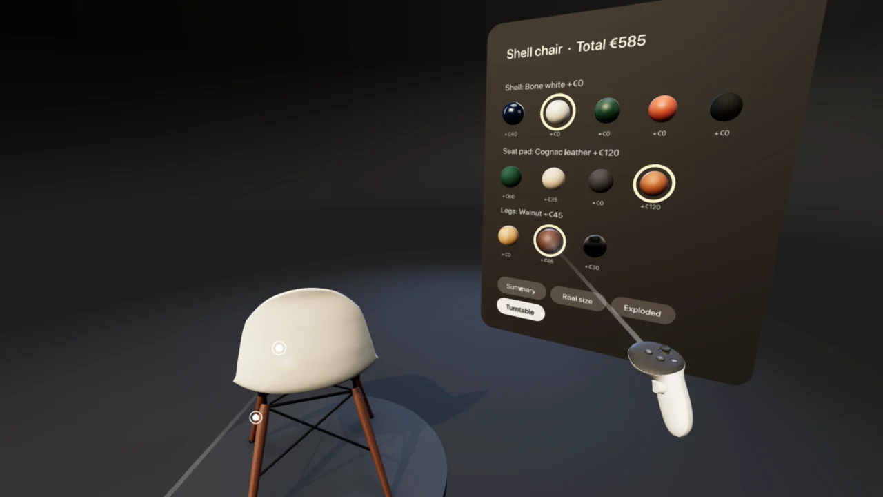 A shell chair with a bone white shell, cognac leather seat pad and walnut legs on a turntable in a dark showroom, a controller pointing at a dark options panel to its right that lists swatches with prices and a total of 585 euros