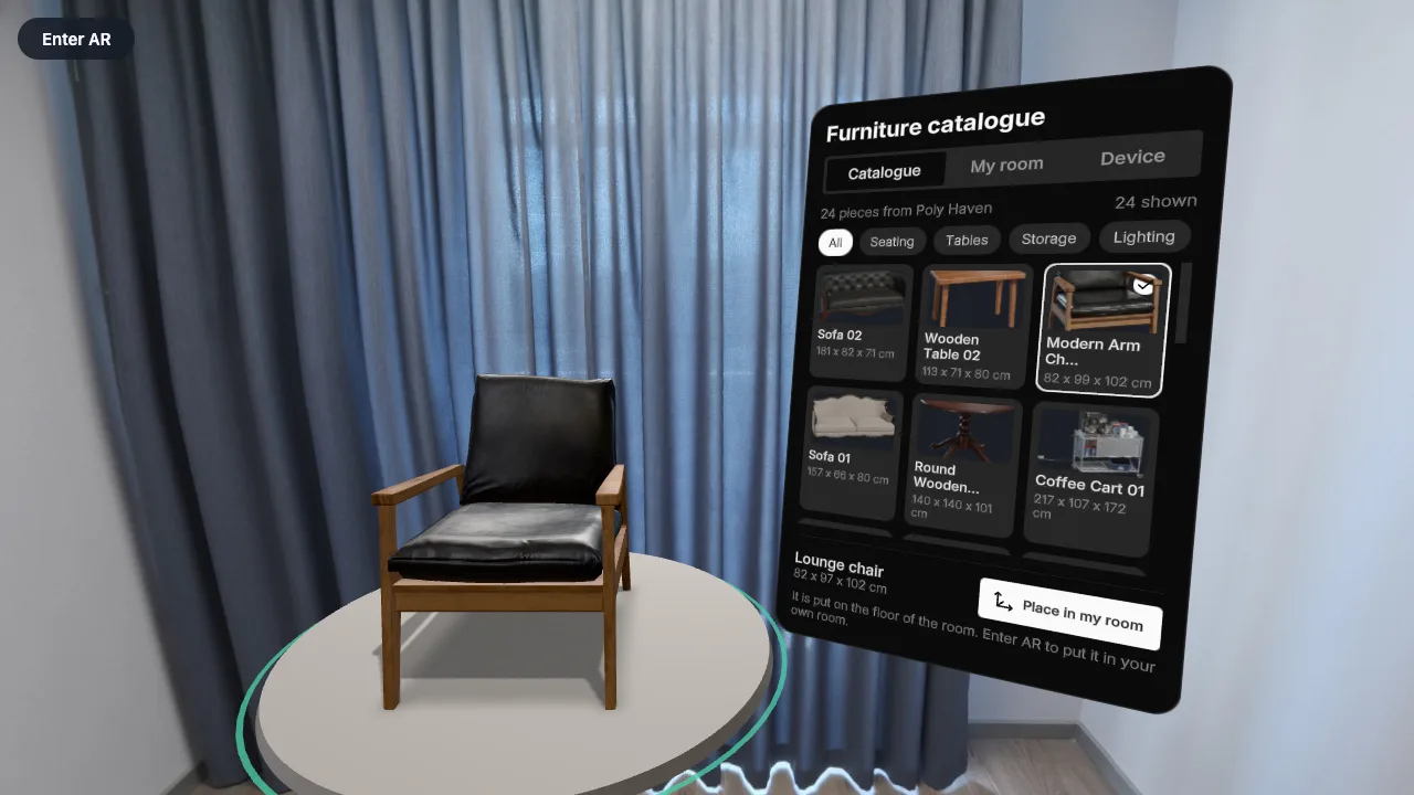 A photographed room with a leather lounge chair on a round stand and a dark panel titled Furniture catalogue: tabs Catalogue, My room and Device, filter chips, and a grid of cards with thumbnails, names and sizes of sofas, tables and chairs loaded from Poly Haven