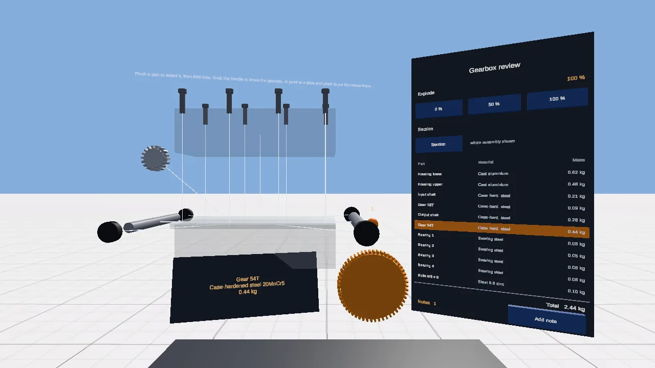 Play mode in the Unity Editor: a gearbox exploded to 100 percent, its upper housing and eight bolts lifted on leader lines, shafts and bearings pulled apart, the large gear tinted orange with a label reading Gear 54T, case-hardened steel 20MnCr5, 0.44 kg, and a review panel on the right with explode buttons, a section toggle, a parts list with materials and masses, a total of 2.44 kg and one note