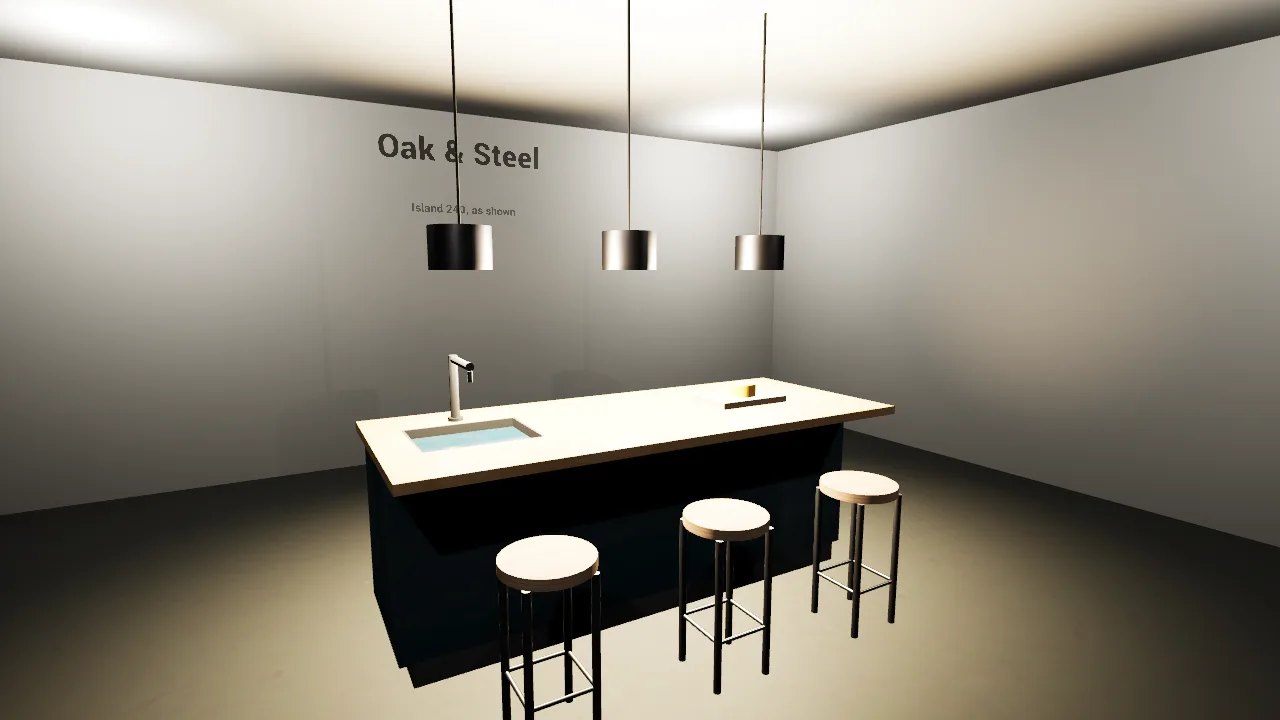 A game picture from Unreal Engine: a showroom with light walls, a kitchen island with a pale oak worktop on dark cabinets, a steel tap over a sink, a chopping board, three round bar stools on steel legs in front, three steel pendant lamps above, and the words Oak & Steel on the wall