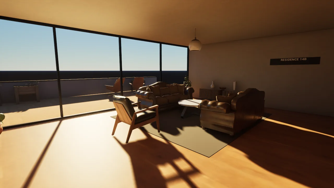 A game picture from Unreal Engine: a living room in late afternoon sun with long shadows across an oak floor, two leather sofas and an armchair around a round table on a rug, a pendant lamp, a sideboard with vases, a sign that reads Residence 14B, and a wall of glass in dark frames onto a terrace with lounge chairs and planters under a blue sky
