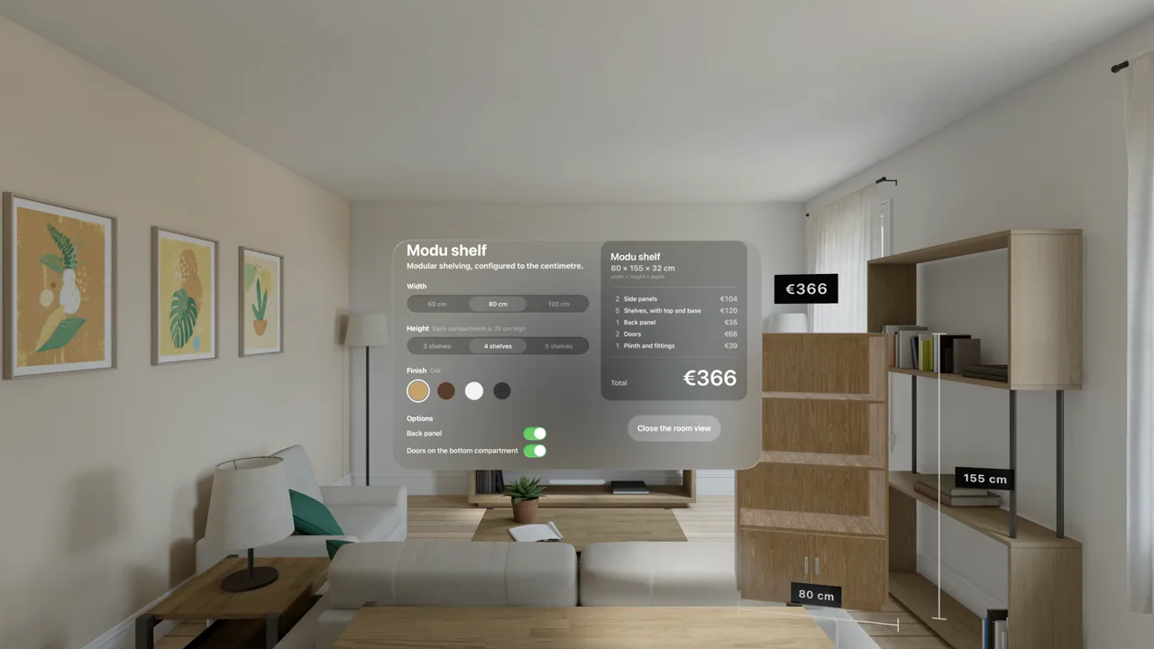 The visionOS Simulator's living room with a glass window titled Modu shelf: width, height, finish swatches and options on the left, a parts list and a total of 366 euros on the right, and beside the window an oak shelf with four compartments, doors with steel handles and a plinth, standing in the room with a price tag and labels reading 155 cm and 80 cm