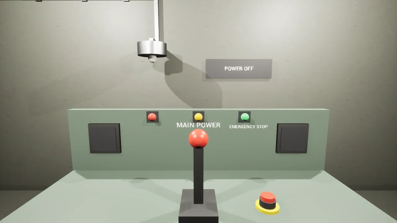 A game picture from Unreal Engine: a grey-green console in a concrete room with a steel lever with a red ball handle under the words Main power, three indicator lights, a red emergency-stop button on a yellow base, a work lamp on the wall and a sign that reads Power off