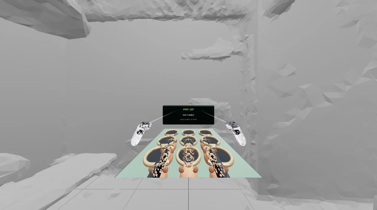 A whack-a-mole game standing in a scanned living room, seen through an emulated headset