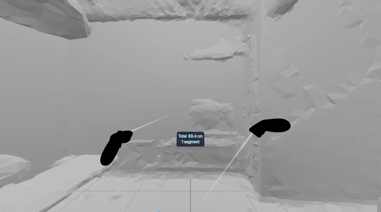 A measuring tape across the floor of a scanned living room, reading 89.4 cm