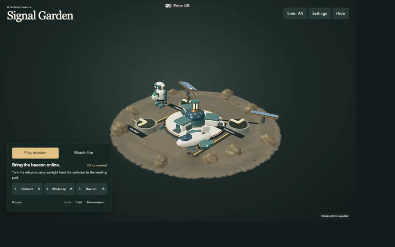 Signal Garden: a miniature outpost, cream caretaker robot, courier and amber relay channels on Gaussian terrain, with mission controls