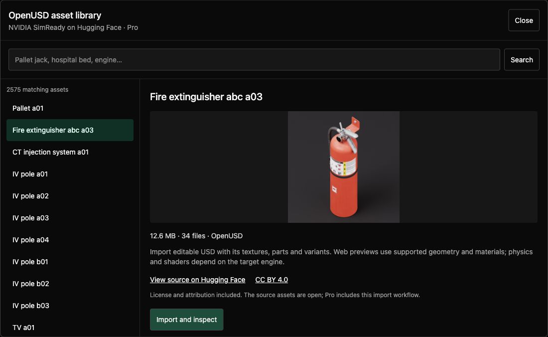 The real OpenUSD library interface showing an extinguisher package, source link and import button